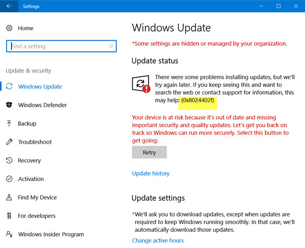 Windows 10 mise à jour 0x8024402f