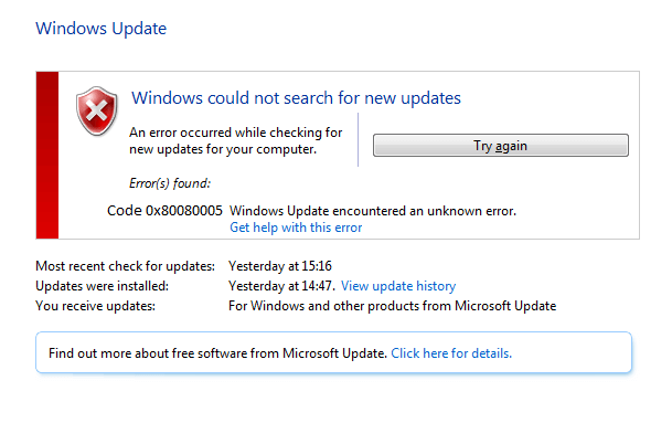 se débarrasser du code d'erreur Windows Update 0x80080005