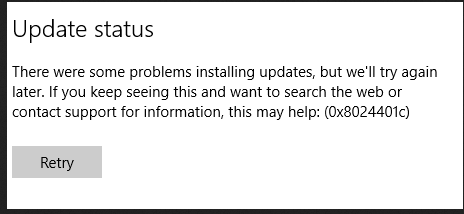 supprimez l'erreur de mise à jour de Windows 10 0x8024401c