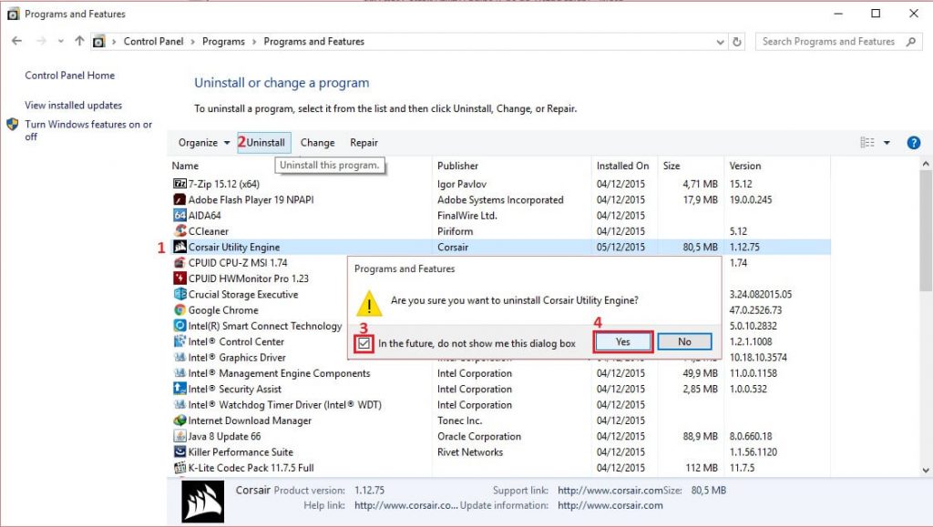 corsair utility engine erreur