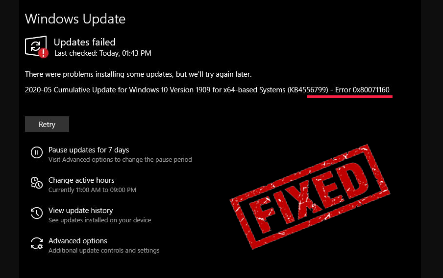 erreur de mise à jour Windows 10 0x80071160