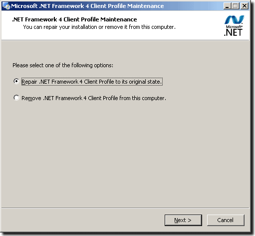 réparer l' installation du framework .NET 