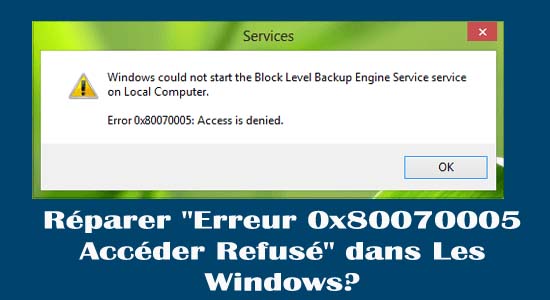 Vous voyez l' erreur "Accès refusé 0x80070005" dans Windows 10 en renommant, supprimant, déplaçant ou copiant certains dossiers ?  Ensuite, dans ce guide, je partagerai les meilleures solutions possibles pour surmonter l'erreur 0x80070005 dans Windows 10.  L' erreur 0x80070005 Accès refusé, est liée aux autorisations d'accès dans le système Windows et se produit lors de la modification des fichiers système ou de la tentative d'effectuer certaines actions telles que la mise à jour de Windows, l'installation de la dernière application, la copie, la suppression, le renommage ou la suppression de tout dossier, programme ou candidatures.     L'erreur est un message d'avertissement de sécurité indiquant que vous n'avez pas la permission ou les droits d'apporter des modifications aux fichiers, dossiers ou applications du système.  La meilleure solution pour corriger l'erreur d'accès refusé 0x80070005 consiste à basculer votre compte local vers un compte administratif ou à exécuter l'analyse SFC (comme indiqué ci-dessous).  Apparemment, vous pouvez obtenir l'erreur même si vous disposez de privilèges administratifs, car les fichiers peuvent être corrompus ou commencer à mal fonctionner.  Alors, essayez les solutions d'experts données ici pour résoudre complètement l'erreur.  Comment corriger l'erreur "0x80070005 Accès refusé" dans Windows 10 ? Nous avons ici essayé de résoudre les éventuelles erreurs à l'origine des fichiers ou dossiers liés à des dysfonctionnements ou à des corruptions, suivez ici les solutions données en conséquence pour contourner l'erreur.  Table des matières	 Solution 1 - Obtenir des privilèges d'administrateur Solution 2 - Obtenez des autorisations administratives complètes Solution 3 – Exécutez l'analyse SFC Solution 4 – Mettre à jour les paramètres de stratégie de groupe Solution 5 – Effectuez une analyse antivirus Solution 6 – Réinitialiser les autorisations avec l'outil SubInACL Solution 7 - Exécutez l'utilitaire de résolution des problèmes de fichiers et de dossiers de Microsoft Solution 8 – Mettre à jour manuellement Windows Solution 9 – Exécutez un démarrage propre Solution 10 – Réinitialiser l'installation de Windows Solution 1 - Obtenir des privilèges d'administrateur Si vous utilisez un compte local, la première chose dont vous avez besoin est d'obtenir un accès administrateur pour modifier n'importe quel dossier ou fichier.  Suivez les étapes pour obtenir un accès administratif pour un fichier ou un dossier :  Faites d'abord un clic droit sur le fichier ou le dossier particulier que vous souhaitez modifier ou changer. Dans la liste, choisissez Propriétés > passez à l' onglet Sécurité . Erreur 0x80070005 Accès refusé Et recherchez la section Groupe ou utilisateur . Si vous avez des droits de propriété sur le dossier> sélectionnez l' option Avancé Sous Paramètres de sécurité avancés , choisissez le champ Propriétaire et sélectionnez Modifier. Erreur 0x80070005 Accès refusé Vous verrez la fenêtre Groupe ou Utilisateur > et cliquez ici sur Avancé Tapez ensuite le nom d'utilisateur , puis cliquez sur Vérifier les noms pour voir la liste des comptes existants. Choisissez maintenant votre compte et cliquez sur OK Et cochez Remplacer le propriétaire sur les sous-conteneurs et les objets. Enfin, cliquez sur OK et Appliquer pour enregistrer toutes les modifications. Essayez maintenant de modifier les fichiers ou les dossiers et vérifiez si l'erreur est résolue ou obtenez à nouveau la même erreur, puis passez à la deuxième solution.  Solution 2 - Obtenez des autorisations administratives complètes Si vous obtenez l' erreur 0x80070005 lors de l'installation ou de la mise à jour de Windows 10, vous devez disposer d'un accès administratif complet.  Suivez les étapes pour obtenir les droits d'administrateur complets :  Appuyez sur la touche Windows + R pour ouvrir la boîte Exécuter et tapez C:\Users\USERNAME\AppData, cliquez sur OK (tapez le lecteur sur lequel Windows est installé à la place de C: et le véritable nom d'utilisateur à la place de USERNAME.) Ensuite, faites un clic droit sur les données de l'application et cliquez sur les propriétés pour l'ouvrir.  Dans la fenêtre ouverte, cliquez sur l' onglet Sécurité , cliquez sur l' option Modifier . Cliquez ensuite sur Ajouter > tapez Tout le monde, puis cliquez sur Vérifier les noms , appuyez sur Cliquez maintenant sur Tout le monde et sous Autorisations pour tout le monde, autorisez le contrôle total Enfin, cliquez sur OK pour enregistrer les modifications. Redémarrez votre système pour que les modifications prennent effet, installez maintenant la mise à jour Windows et vérifiez que vous obtenez à nouveau l'erreur ou non.  Solution 3 – Exécutez l'analyse SFC Parfois, en raison de la corruption des fichiers système de Windows , les fichiers ou le dossier sont corrompus et commencent à mal fonctionner.  Exécutez la commande intégrée du vérificateur de fichiers système de Windows, car cela vous aide à analyser et à réparer les fichiers système endommagés et corrompus.  Suivez les étapes pour exécuter le scan SFC,  Cliquez sur Démarrer > tapez CMD dans la zone de recherche Et ouvrez l' invite de commande en tant qu'administrateur Maintenant, dans l'invite de commande, tapez la commande et appuyez sur Entrée sfc/scannow bouton de démarrage ne fonctionne pas Attendez la fin du processus de numérisation (environ 15 minutes) Redémarrez votre ordinateur Solution 4 – Mettre à jour les paramètres de stratégie de groupe Dans certains cas, si les paramètres de stratégie de groupe ont été modifiés récemment, vous pouvez obtenir le code d'erreur 0x80007005 Accès refusé.  Essayez donc de mettre à jour les paramètres en suivant les étapes indiquées :  Dans la zone de recherche Windows > tapez cmd, maintenant à partir des résultats, ouvrez l'invite de commande Ensuite, dans la fenêtre CMD, tapez gpupdate /force et appuyez sur Entrée erreur-d'activation-0x803fa067-windows-10 Une fois le processus terminé, quittez l'invite de commande. Enfin, redémarrez votre système. Essayez maintenant d'effectuer l'action et vérifiez si l'erreur est résolue.  Solution 5 – Effectuez une analyse antivirus Parfois, en raison de virus ou de logiciels malveillants, certains de vos fichiers système sont supprimés ou modifiés, comme le registre Windows.  Assurez-vous donc que votre système Windows n'est pas infecté par des virus ou des logiciels malveillants. Analysez votre système avec un bon outil antivirus pour supprimer complètement le virus.  Alternativement, vous pouvez également exécuter le programme de sécurité intégré de Windows Defender pour vous débarrasser des logiciels malveillants et des virus.  Et effectuez une analyse approfondie de votre système avec votre programme de sécurité, puis redémarrez votre PC Windows 10. Vérifiez si cela fonctionne pour vous afin de corriger le code d'erreur 0x80007005 dans Windows 10.  Obtenez SpyHunter pour supprimer complètement les virus et les logiciels malveillants Solution 6 – Réinitialiser les autorisations avec l' outil SubInACL Si vous recevez toujours le code d'erreur 0x80070005 dans Windows 10, il est suggéré d'utiliser l'  outil SubInACL de Microsoft .  De nombreux utilisateurs ont confirmé que cela leur permettait de corriger l'erreur. Le SubInACL est un outil de ligne de commande qui permet aux administrateurs d'obtenir des informations de sécurité sur les fichiers, les clés de registre et les services.  Cela peut également être utilisé pour transférer les informations d' utilisateur à utilisateur, de domaine à domaine, de groupe local ou global à groupe.  Tout d'abord, vous devez créer un point de restauration système, puis suivez les étapes indiquées :  Ouvrez le Bloc -notes > copiez-collez le texte donné dans le Bloc-notes. Définir OSBIT=32 SI existe "%ProgramFiles(x86)%" définir OSBIT=64 définir RUNNINGDIR=%ProgramFiles% SI %OSBIT% == 64 définir RUNNINGDIR=%ProgramFiles(x86)% subinacl /subkeyreg "HKEY_LOCAL_MACHINE\SOFTWARE\Microsoft\ Windows\VersionActuelle\C     Enregistrez maintenant le Bloc-notes avec l' extension "RESET.CMD" , par exemple, TakeOwnership.cmd. Enfin, faites un clic droit sur le fichier> sélectionnez « Exécuter en tant qu'administrateur ». et mettre à jour le programme et supprimer le fichier .CMD Cela corrigera l'autorisation que j'ai émise avec TrustedInstaller et corrigera l'erreur.  Solution 7 - Exécutez l'utilitaire de résolution des problèmes de fichiers et de dossiers de Microsoft Ici, il est suggéré d'analyser votre système avec le service Microsoft File and Folder Troubleshooter. Cela vous permet d'analyser vos fichiers système et votre problème de dossier.  Cet outil analyse, détecte et résout le problème immédiatement. Il s'agit d'un service de dépannage par défaut proposé par Microsoft pour résoudre automatiquement le problème.  Vous pouvez télécharger le dépanneur à partir du site Web de Microsoft en visitant simplement – Ici   Solution 8 – Mettre à jour manuellement Windows Le catalogue Windows Update est un référentiel à partir duquel on peut télécharger les mises à jour cumulatives ou importantes de Windows , puis les installer manuellement.   Suivez les étapes pour le faire  Allez d'abord dans Paramètres, Mise à jour et sécurité et Windows Update vous avez été connecté avec un profil temporaire windows 10 Cliquez ensuite sur ' Afficher l'historique des mises à jour ', notez le code de version de Windows Update code d'erreur 0x80070005 Visitez maintenant le catalogue des mises à jour Windows Et dans la barre de recherche,  tapez le code de version de mise à jour et appuyez sur Entrée ou cliquez sur le bouton Rechercher code d'erreur 0x80070005 Cliquez sur le bouton Télécharger , cliquez sur le lien de téléchargement de la mise à jour et installez la mise à jour téléchargée sur votre PC Windows code d'erreur 0x80070005 Enfin, redémarrez votre système Vérifiez maintenant si l'erreur d'accès refusé est corrigée, sinon réinitialisez votre PC.  Solution 9 – Exécutez un démarrage propre L' exécution d'un démarrage en mode minimal vous permettra d'identifier les programmes coupables dans votre système d'exploitation Windows 10. Cela démarre votre PC avec un minimum de programmes et de pilotes, de sorte que vous puissiez facilement trouver le programme coupable et vous débarrasser de l'erreur.  Suivez les étapes pour le faire :  Cliquez sur la  barre de recherche et tapez msconfig, > cliquez sur l'application de configuration système . Dans la fenêtre suivante, cliquez sur l' onglet Services > cochez la case Masquer tous les services Microsoft et cliquez sur l' option Désactiver tout . Le VPN Avast SecureLine ne fonctionne pas Ensuite, accédez à l' onglet Démarrage > cliquez sur Ouvrir le gestionnaire de tâches . Et sélectionnez le programme à l'origine du problème> cliquez sur l' option Désactiver> cliquez sur OK Redémarrez votre ordinateur pour effectuer le démarrage en mode minimal. Et au redémarrage du système, vérifiez si l' erreur 0x80070005 : l'accès est refusé dans Windows est résolue.  Solution 10 – Réinitialiser l'installation de Windows Si aucune des solutions ci-dessus ne fonctionne pour vous, la seule option qui reste est de reposer votre PC.  Veuillez noter : la réinitialisation du PC peut supprimer vos fichiers dans le lecteur C :. Assurez-vous donc de sauvegarder vos données.  C'est comme une nouvelle installation de Windows, donc cela corrigera sûrement le code d'erreur 0x80070005.  Suivez les étapes pour le faire :  Appuyez sur Windows + X > cliquez sur Paramètres > cliquez sur Mise à jour et sécurité. vous avez été connecté avec un profil temporaire windows 10  Ensuite, sous Réinitialiser ce PC > cliquez sur le bouton Démarrer Erreur irql_less_or_not_equal du pilote Suivez les instructions à l'écran pour réinitialiser le PC Windows On estime maintenant que l'erreur est corrigée, mais si vous rencontrez toujours un problème, réinstallez Windows à l'aide du disque d'installation de Windows.  FAQ : En savoir plus sur l'erreur 0x80070005 Quelle est l'erreur 0x80070005 ? apparaît lorsque les utilisateurs n'auront pas l'autorisation requise pour installer une mise à jour, modifier les fichiers système et autres. Certains utilisateurs reçoivent le code d'erreur 0x80070005 lors de la mise à jour de Windows 10, tandis que d'autres lors de la suppression ou de la modification des fichiers et dossiers du système.  Ci-dessous, découvrez certains des cas où vous voyez l'erreur :  Windows n'a pas pu démarrer l'erreur de service 0x80070005. Erreur d'activation Windows 10 0x80070005 Erreur 0x80070005 Windows 10 mise à jour 1903 Erreur de code d'erreur Windows Store 0x80070005 Erreur de restauration du système 0x80070005 Qu'est-ce qui cause l'erreur 0x80070005 dans Windows 10 ? Problème avec les droits d'administration Mauvaise configuration des paramètres de Windows Update Erreurs dans les paramètres du compte utilisateur Vous n'êtes pas autorisé à recevoir des mises à jour du magasin Windows Paramètres Internet incorrects Le pare-feu peut empêcher les mises à jour de Windows Meilleure solution facile pour corriger l'erreur 0x80070005 : l'accès est refusé Ici, il est suggéré d'analyser votre système avec l' outil de réparation de PC , c'est juste en analysant une fois détecter et résoudre les problèmes avec les fichiers et dossiers système.  Il s'agit d'un utilitaire avancé capable de résoudre divers problèmes et erreurs informatiques tenaces. Avec cela, vous pouvez également corriger des erreurs telles que  l'erreur BSOD, l'erreur DLL, les problèmes de registre, empêcher l'infection par des virus ou des logiciels malveillants et bien d'autres.  Il optimise également les performances du PC Windows comme un nouveau. Il vous suffit de télécharger et de lancer l'outil.  Obtenez l'outil de réparation de PC, pour corriger le code d'erreur 0x80070005 Conclusion: Eh bien, c'est tout à propos de l' erreur d'accès refusé à Windows 0x80070005. Les étapes répertoriées ci-dessus vous aideront à corriger l'erreur dans Windows.  On estime qu'une de nos solutions a réussi à passer l' erreur 0x80070005 : accès refusé complètement.  Les étapes indiquées sont faciles à suivre, assurez-vous de les suivre attentivement.  Faites-nous également savoir laquelle des solutions répertoriées vous aide à corriger l'erreur sur notre page Facebook .  Bonne chance..!