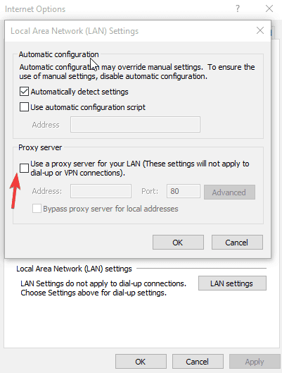 l'option Utiliser un serveur proxy
