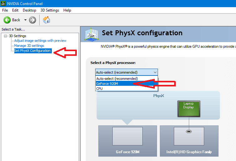 sur la configuration Set PhysX