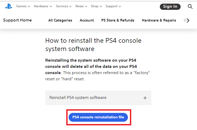 fichier de réinstallation de la console PS4